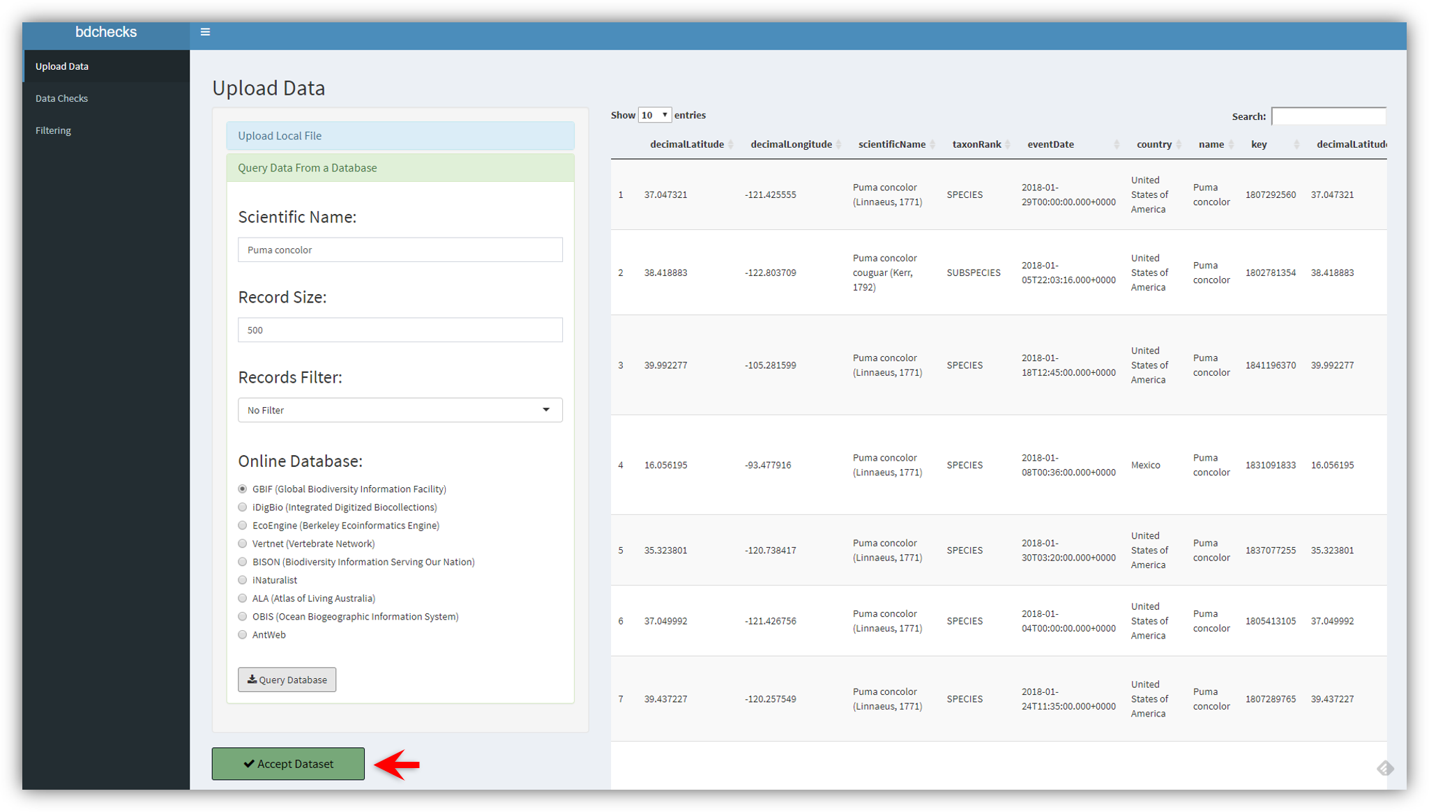 Accept dataset to move to the next step